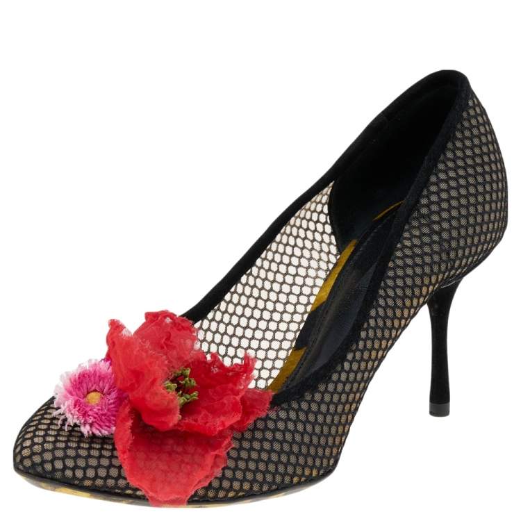 Pre Owned Dolce & Gabbana Black Mesh and Suede Floral Appliqué Pumps Size 39.5