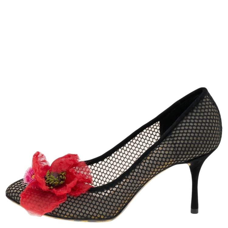Pre Owned Dolce & Gabbana Black Mesh and Suede Floral Appliqué Pumps Size 39.5