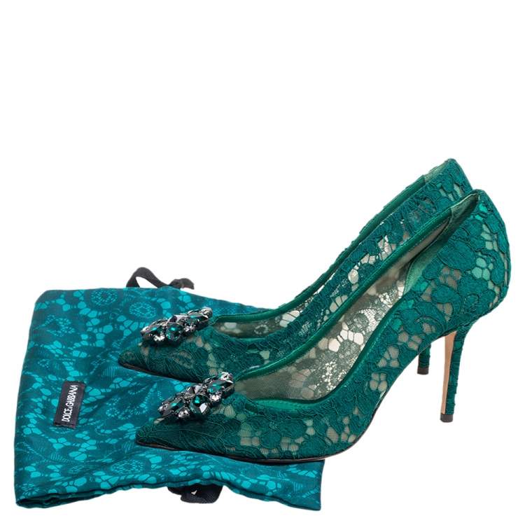 Pre Owned Dolce and Gabbana Green Lace Bellucci Crystal Embellished Pointed-Toe Pumps Size 39