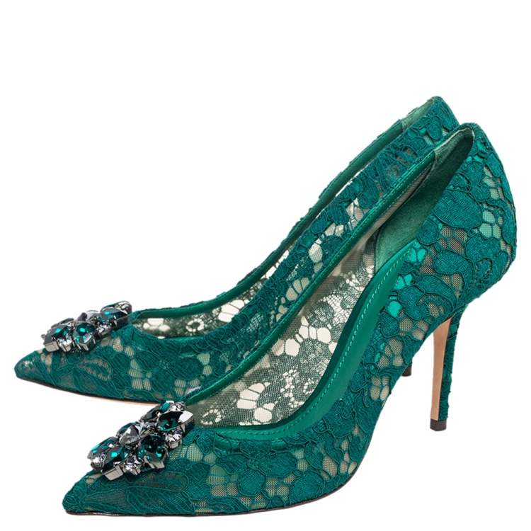 Pre Owned Dolce and Gabbana Green Lace Bellucci Crystal Embellished Pointed-Toe Pumps Size 39