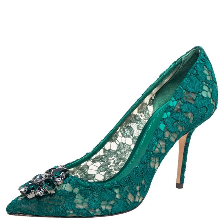 Pre Owned Dolce and Gabbana Green Lace Bellucci Crystal Embellished Pointed-Toe Pumps Size 39