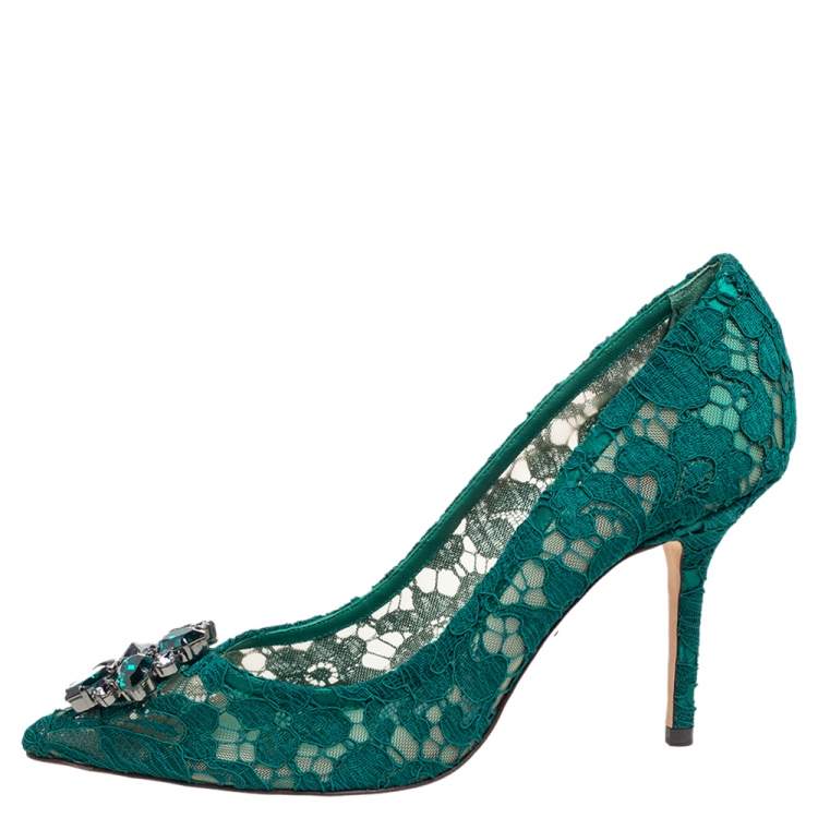 Pre Owned Dolce and Gabbana Green Lace Bellucci Crystal Embellished Pointed-Toe Pumps Size 39