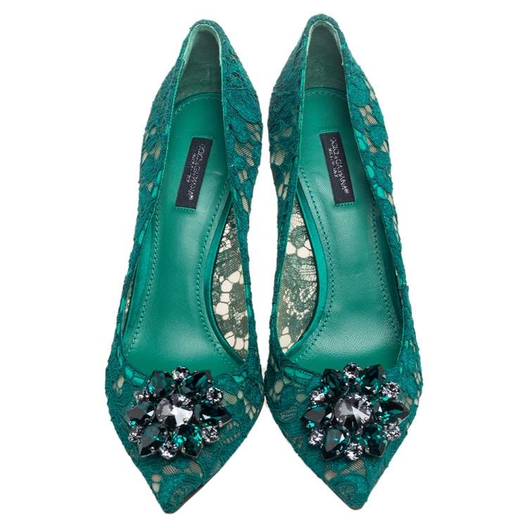 Pre Owned Dolce and Gabbana Green Lace Bellucci Crystal Embellished Pointed-Toe Pumps Size 39