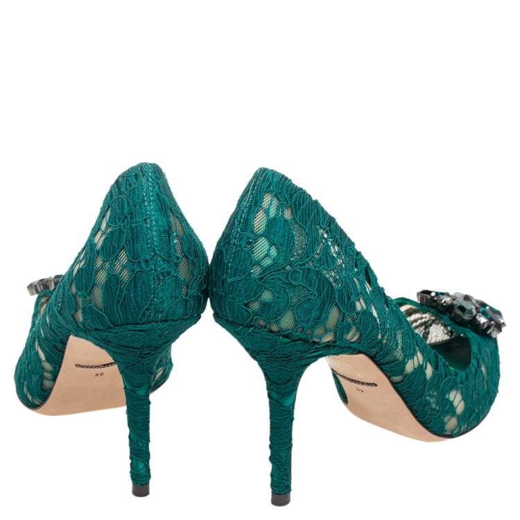 Pre Owned Dolce and Gabbana Green Lace Bellucci Crystal Embellished Pointed-Toe Pumps Size 39