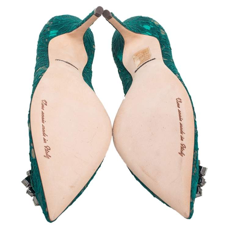 Pre Owned Dolce and Gabbana Green Lace Bellucci Crystal Embellished Pointed-Toe Pumps Size 39