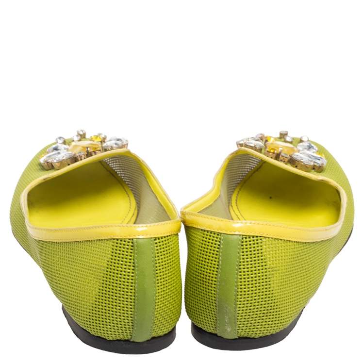 Pre Owned Dolce & Gabbana Green/Yellow Woven Leather And Patent Trim Crystal Embellished Ballet Flats Size 38