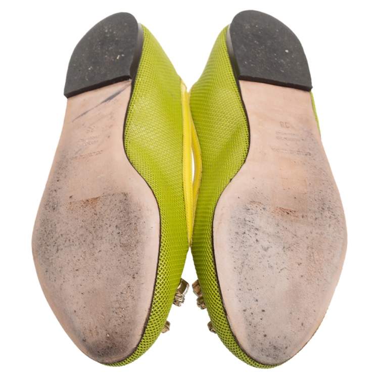 Pre Owned Dolce & Gabbana Green/Yellow Woven Leather And Patent Trim Crystal Embellished Ballet Flats Size 38