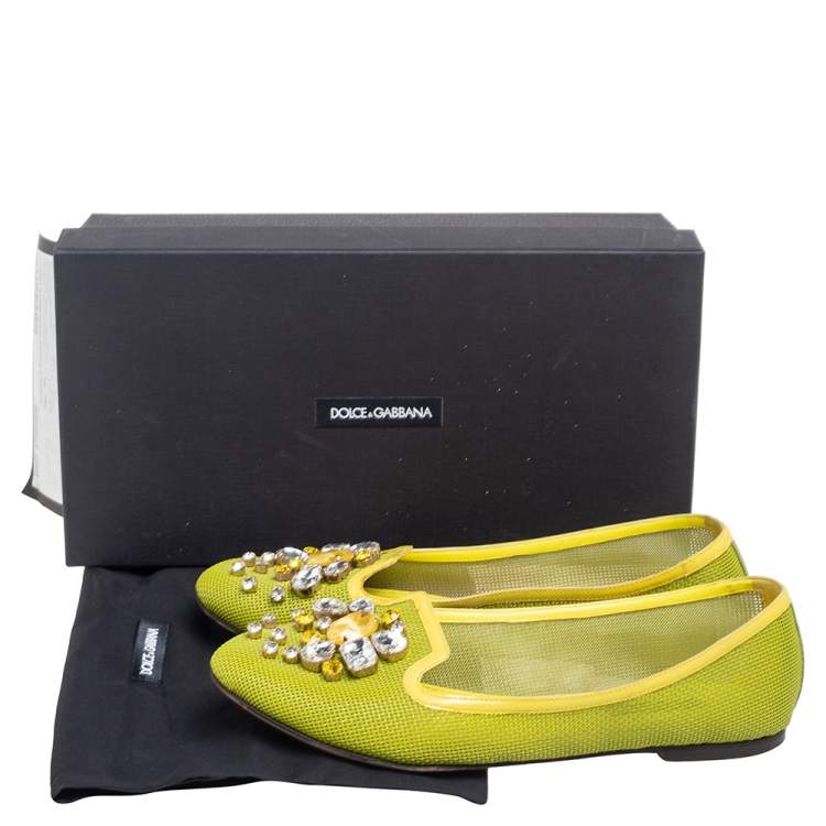 Pre Owned Dolce & Gabbana Green/Yellow Woven Leather And Patent Trim Crystal Embellished Ballet Flats Size 38