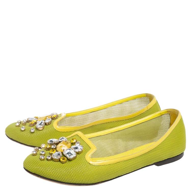 Pre Owned Dolce & Gabbana Green/Yellow Woven Leather And Patent Trim Crystal Embellished Ballet Flats Size 38