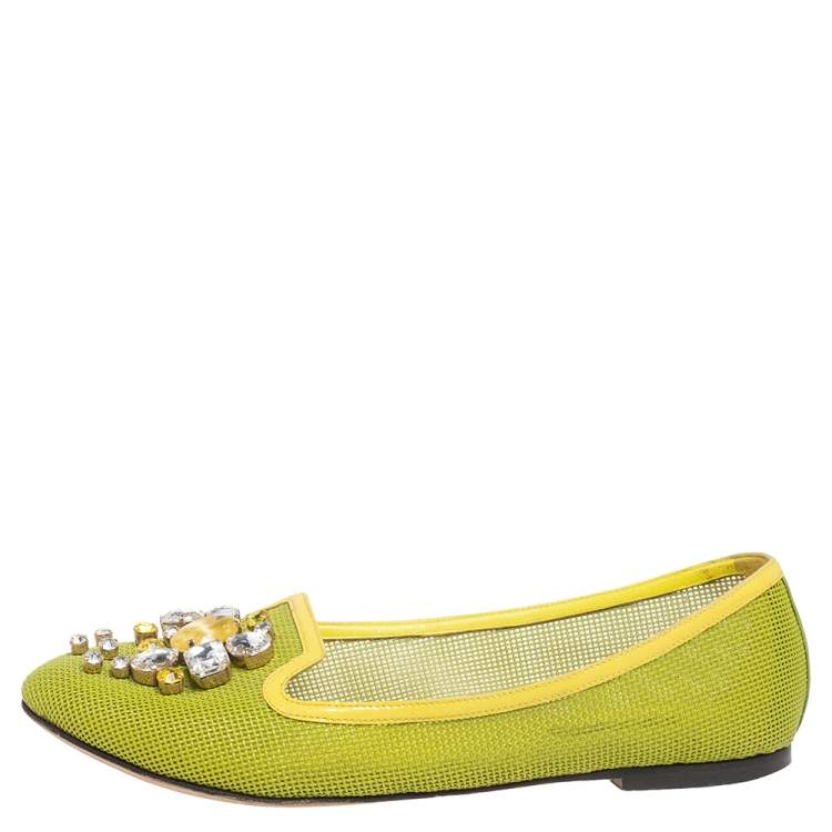 Pre Owned Dolce & Gabbana Green/Yellow Woven Leather And Patent Trim Crystal Embellished Ballet Flats Size 38