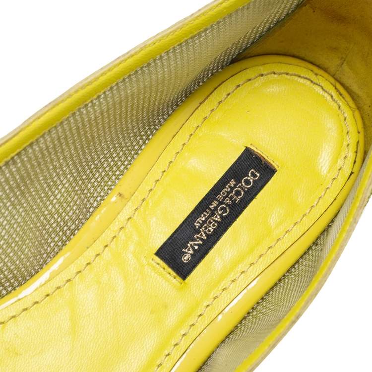 Pre Owned Dolce & Gabbana Green/Yellow Woven Leather And Patent Trim Crystal Embellished Ballet Flats Size 38