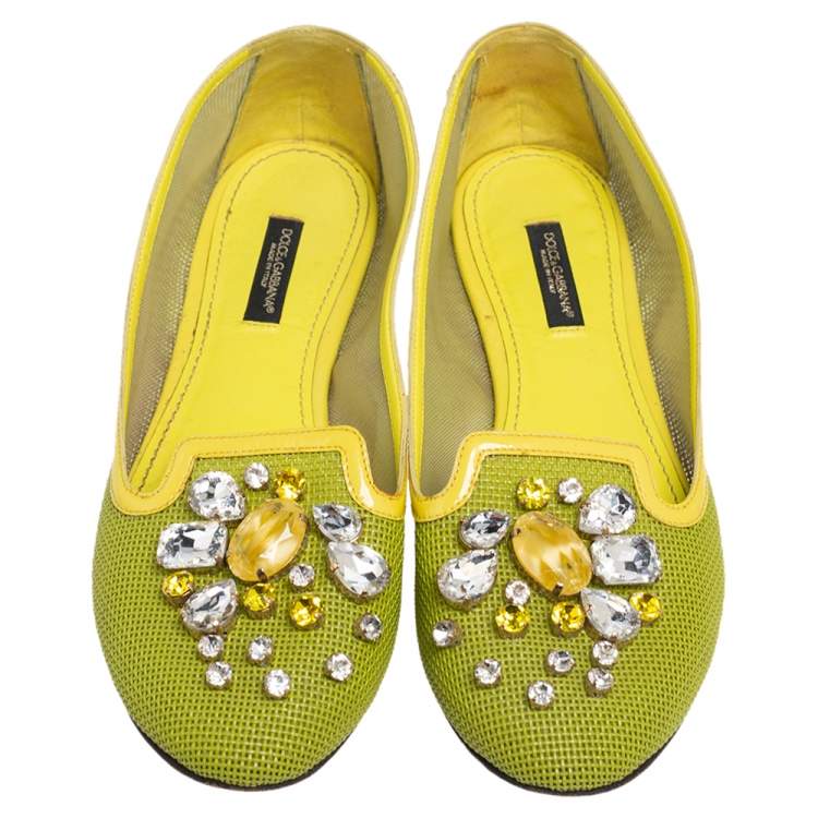 Pre Owned Dolce & Gabbana Green/Yellow Woven Leather And Patent Trim Crystal Embellished Ballet Flats Size 38