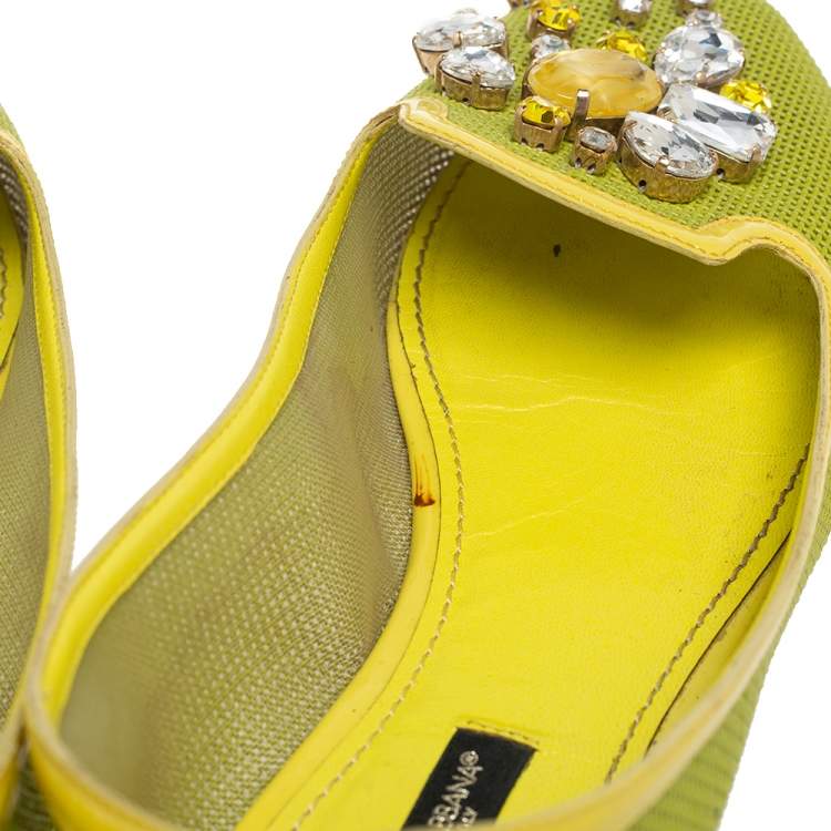 Pre Owned Dolce & Gabbana Green/Yellow Woven Leather And Patent Trim Crystal Embellished Ballet Flats Size 38