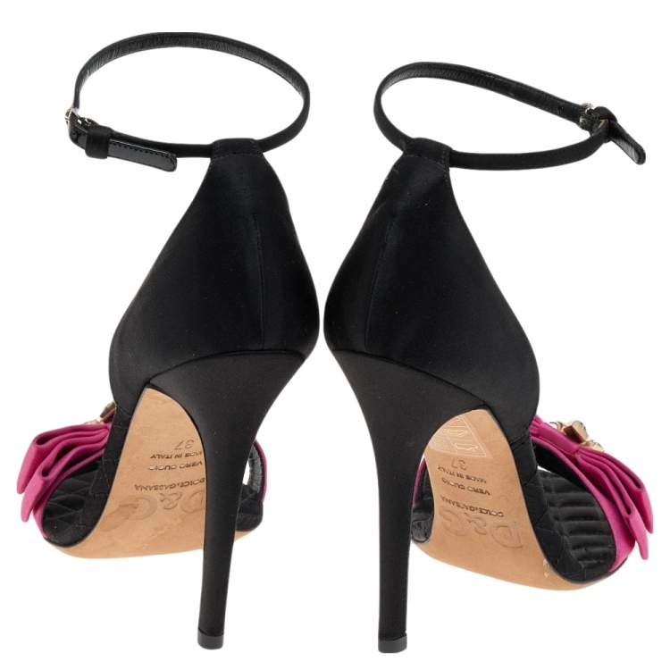 Pre Owned D&G Black/Pink Satin Crystal Embellished Ankle Strap Sandals Size 37