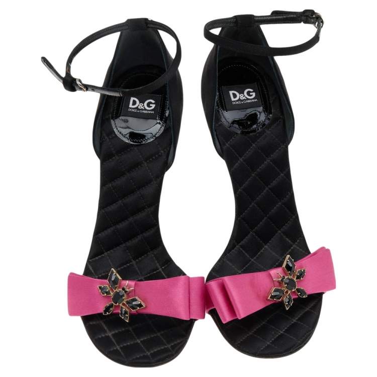 Pre Owned D&G Black/Pink Satin Crystal Embellished Ankle Strap Sandals Size 37