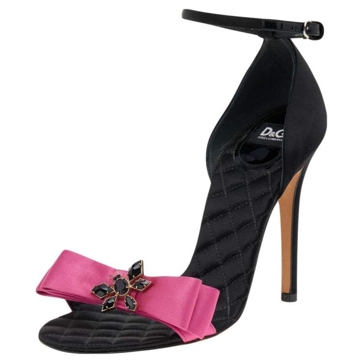 Pre Owned D&G Black/Pink Satin Crystal Embellished Ankle Strap Sandals Size 37