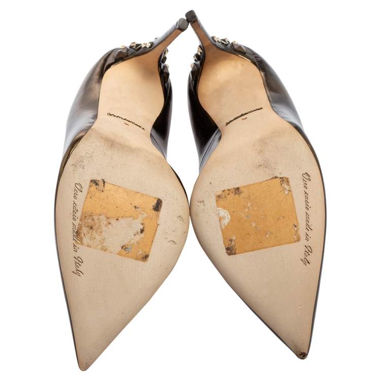 Pre Owned Dolce & Gabbana Metallic Gold Leather Crystal Embellished Heels Pointed Toe Pumps Size 38