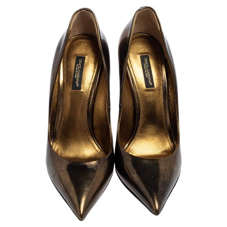 Pre Owned Dolce & Gabbana Metallic Gold Leather Crystal Embellished Heels Pointed Toe Pumps Size 38