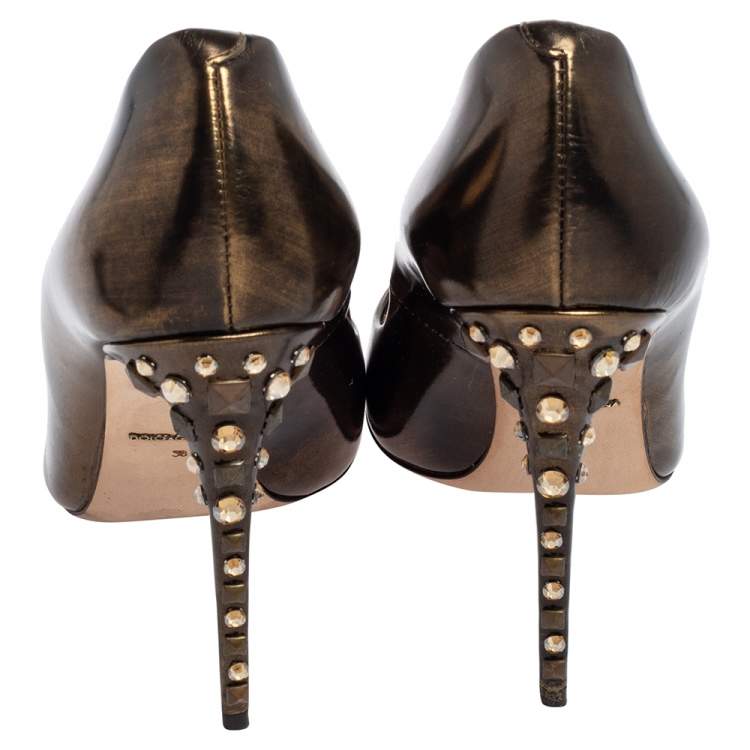 Pre Owned Dolce & Gabbana Metallic Gold Leather Crystal Embellished Heels Pointed Toe Pumps Size 38
