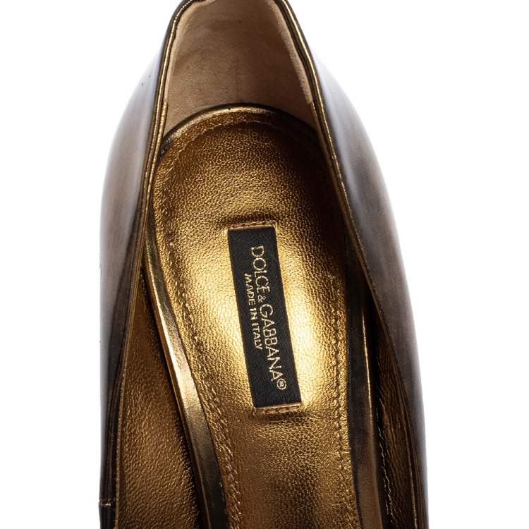 Pre Owned Dolce & Gabbana Metallic Gold Leather Crystal Embellished Heels Pointed Toe Pumps Size 38