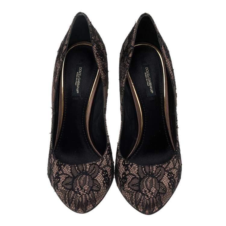 Pre Owned Dolce & Gabbana Black/Brown Lace And Stain Pumps Size 38