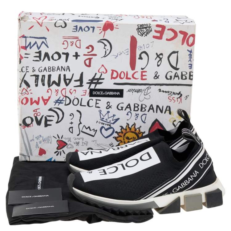 Pre Owned Dolce & Gabbana Black/White Knit Fabric Sorrento Slip On Sneakers Size 38