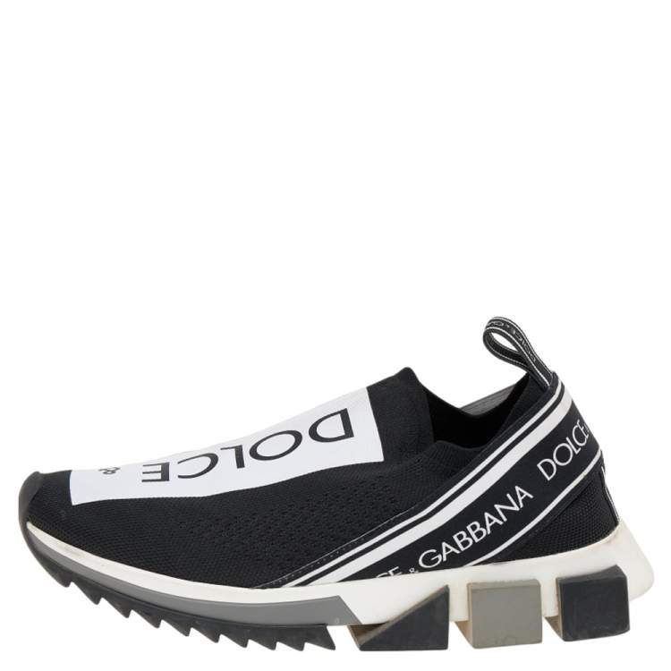 Pre Owned Dolce & Gabbana Black/White Knit Fabric Sorrento Slip On Sneakers Size 38