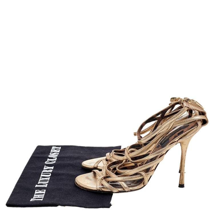 Pre Owned Dolce & Gabbana Metallic Gold Leather Strappy Sandals Size 37
