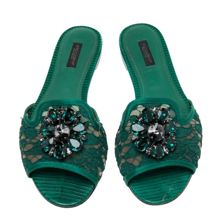 مملوكة مسبقًا Dolce & Gabbana Green Lace Crystal Embellished Flat Slides Size 39