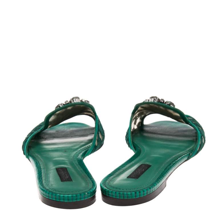 مملوكة مسبقًا Dolce & Gabbana Green Lace Crystal Embellished Flat Slides Size 39