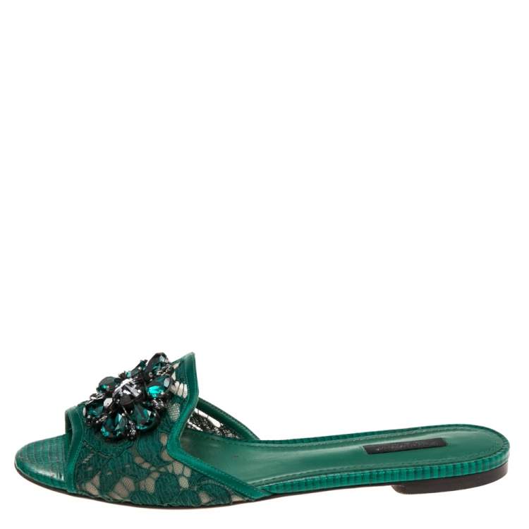 Dolce Gabbana Green Lace Crystal Embellished Flat Slides Size 39