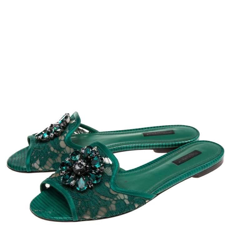 مملوكة مسبقًا Dolce & Gabbana Green Lace Crystal Embellished Flat Slides Size 39