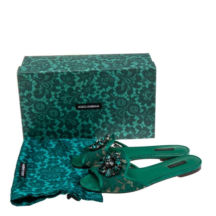 مملوكة مسبقًا Dolce & Gabbana Green Lace Crystal Embellished Flat Slides Size 39