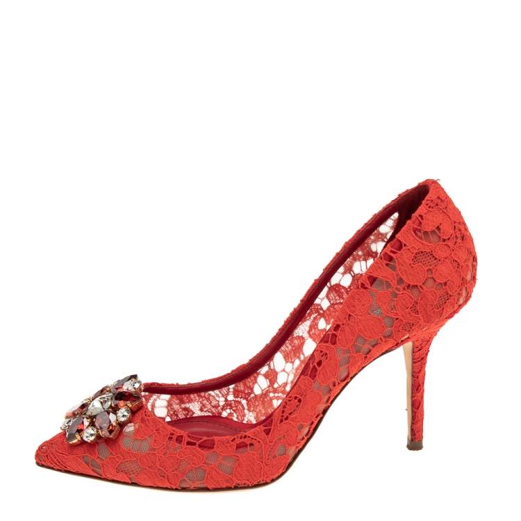 Pre Owned Dolce & Gabbana Red Lace Bellucci Crystal Embellished Pointed-Toe Pumps Size 40