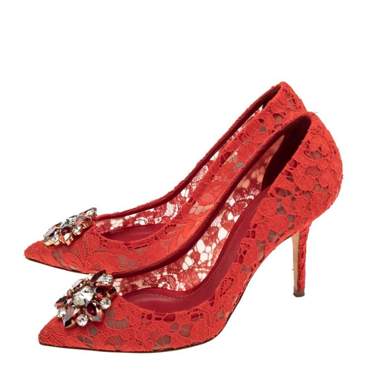 Pre Owned Dolce & Gabbana Red Lace Bellucci Crystal Embellished Pointed-Toe Pumps Size 40