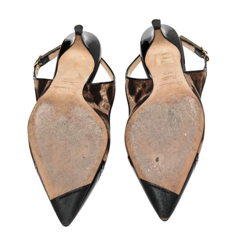 Pre Owned Dolce & Gabbana Brown/Black Leopard Print Canvas And Patent Leather Bow Slingback Sandals Size 37.5