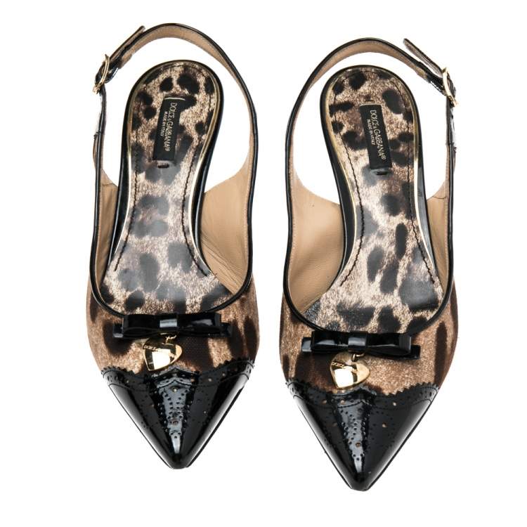 Pre Owned Dolce & Gabbana Brown/Black Leopard Print Canvas And Patent Leather Bow Slingback Sandals Size 37.5