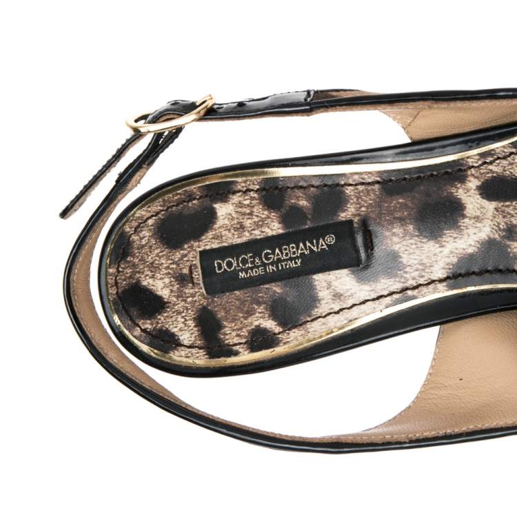 Pre Owned Dolce & Gabbana Brown/Black Leopard Print Canvas And Patent Leather Bow Slingback Sandals Size 37.5