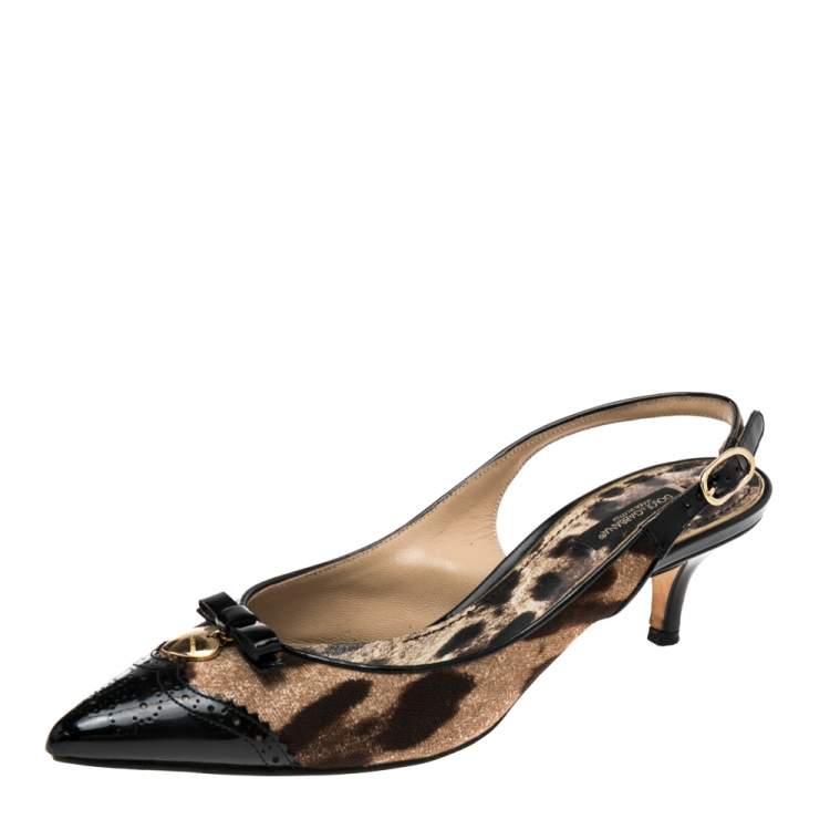 Pre Owned Dolce & Gabbana Brown/Black Leopard Print Canvas And Patent Leather Bow Slingback Sandals Size 37.5