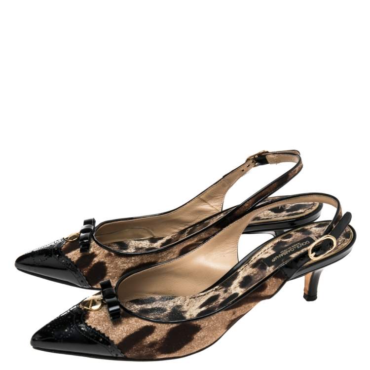 Pre Owned Dolce & Gabbana Brown/Black Leopard Print Canvas And Patent Leather Bow Slingback Sandals Size 37.5