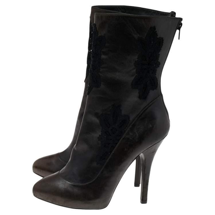 Pre Owned Dolce & Gabbana Dark Brown/Black Leather and Lace Ankle Boots Size 39 