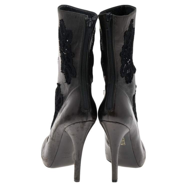 Pre Owned Dolce & Gabbana Dark Brown/Black Leather and Lace Ankle Boots Size 39 
