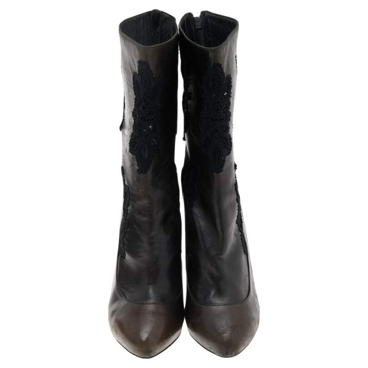 Pre Owned Dolce & Gabbana Dark Brown/Black Leather and Lace Ankle Boots Size 39 