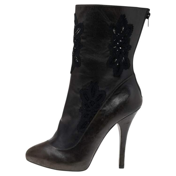 Pre Owned Dolce & Gabbana Dark Brown/Black Leather and Lace Ankle Boots Size 39 