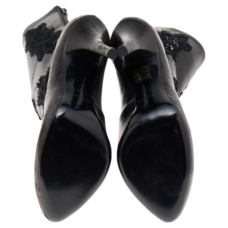 Pre Owned Dolce & Gabbana Dark Brown/Black Leather and Lace Ankle Boots Size 39 