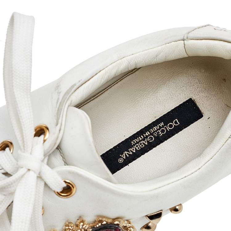 مملوكة مسبقًا Dolce & Gabbana White Leather Embellished Portofino Sneakers Size 37