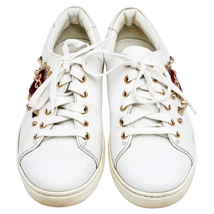 مملوكة مسبقًا Dolce & Gabbana White Leather Embellished Portofino Sneakers Size 37