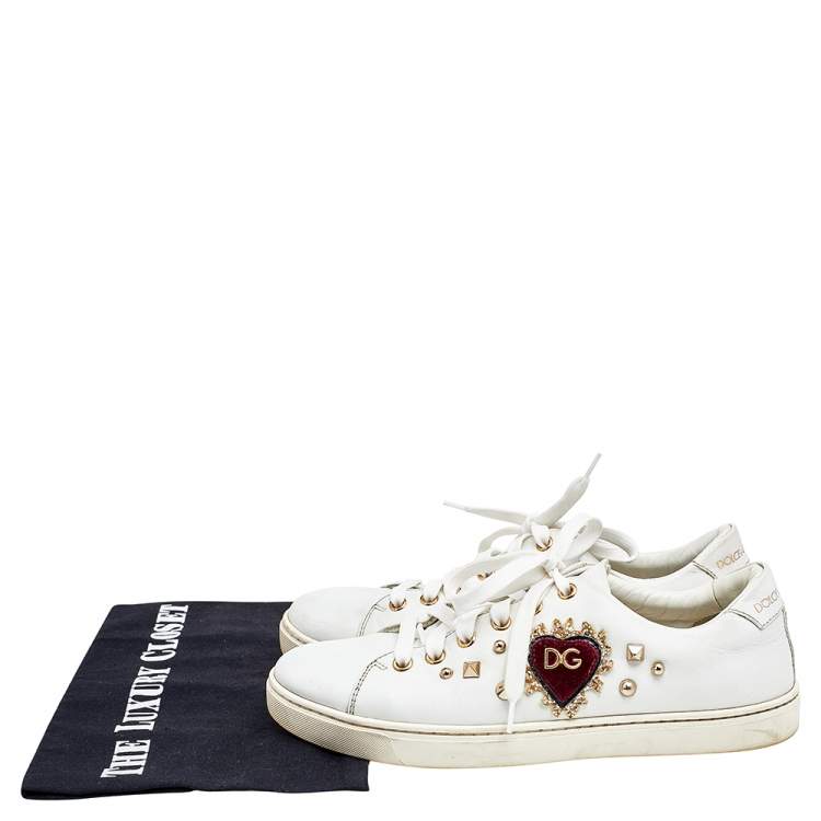 مملوكة مسبقًا Dolce & Gabbana White Leather Embellished Portofino Sneakers Size 37