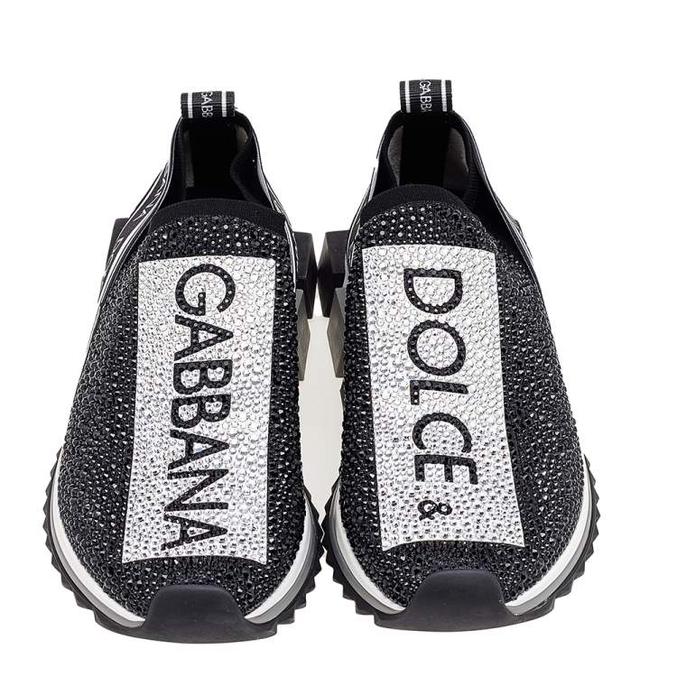 مملوكة مسبقًا Dolce & Gabbana Black/White Knit Fabric Crystal Embellished Sorrento Slip On Sneakers Size 39.5