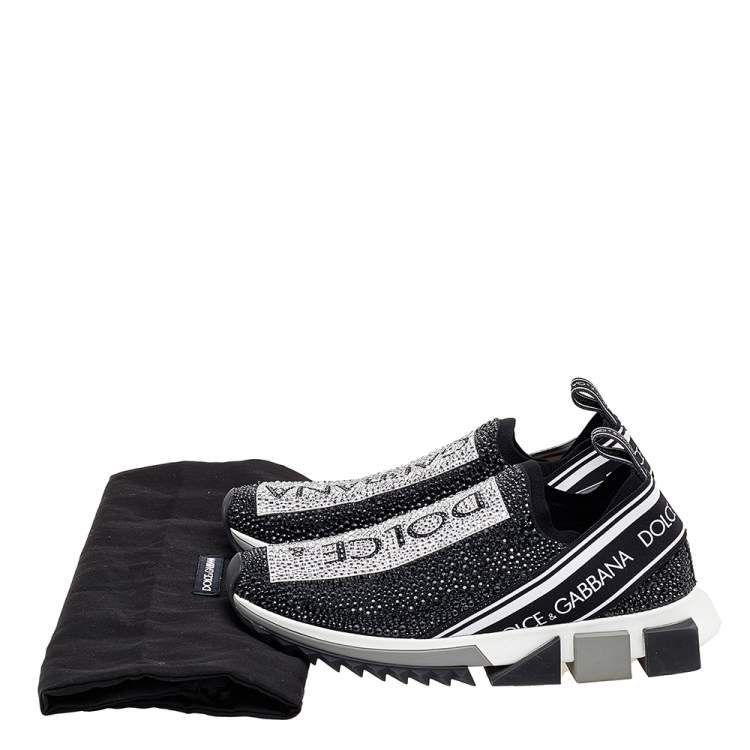 مملوكة مسبقًا Dolce & Gabbana Black/White Knit Fabric Crystal Embellished Sorrento Slip On Sneakers Size 39.5